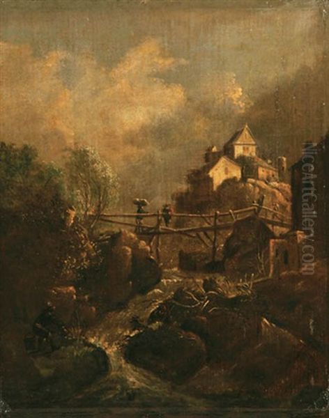 Landscape With Travelers Crossing A Bridge Oil Painting by Allaert van Everdingen