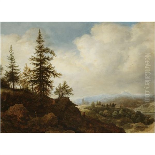 A Mountainous Landscape With A Figure Passing A Timber Shed In The Foreground Oil Painting by Allaert van Everdingen