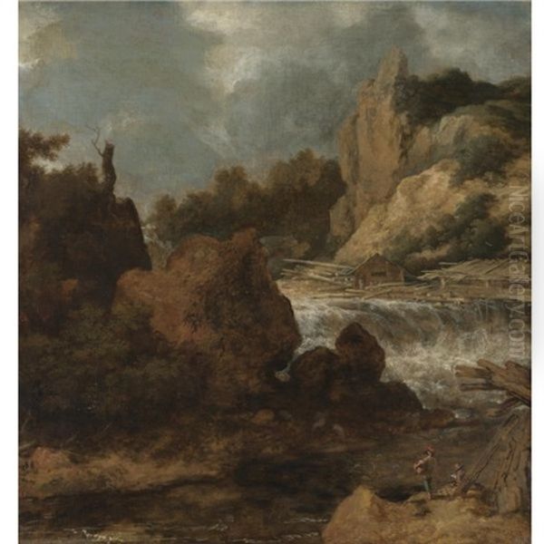 A Scandinavian River Landscape With Rapids And An Artist Sketching In The Foreground Oil Painting by Allaert van Everdingen