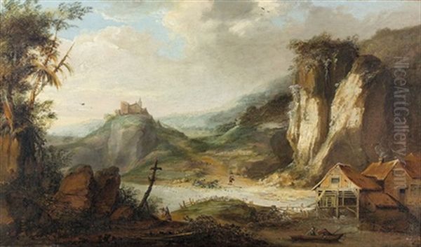 Hugelige Flusslandschaft Mit Fischern Vor Hausergruppe Oil Painting by Allaert van Everdingen