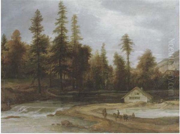 A Nordic River Landscape With Travellers On A Track Near A Waterfall, A Cottage Beyond Oil Painting by Allaert van Everdingen