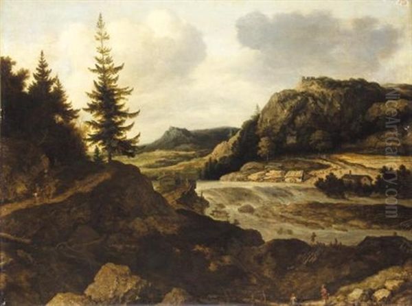 A Mountainous River Landscape With Travellers, A Herder And Sheep In The Foreground, A Mill On The Far River-bank by Allaert van Everdingen