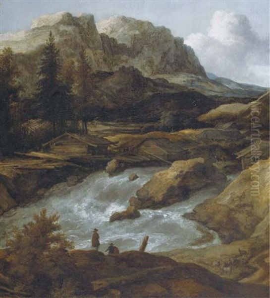 A Swedish River Landscape With A Waterfall And A Cabin In The Distance Oil Painting by Allaert van Everdingen