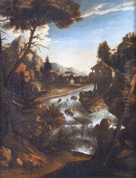 Paysage Boise Avec Muletier Pres D'une Cascade Oil Painting by Allaert van Everdingen