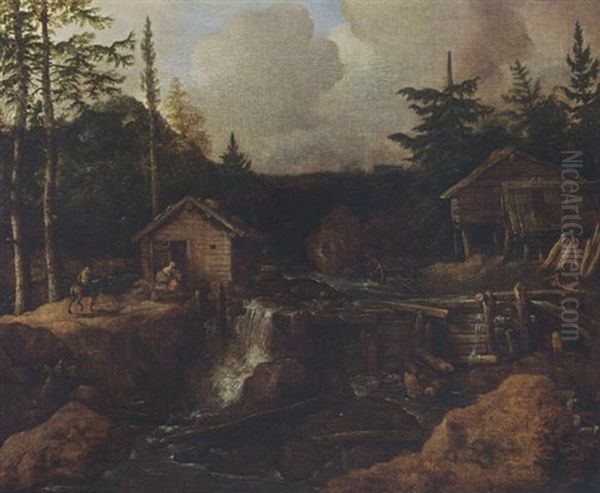 A Scandinavian Wooded Landscape With Figures Near A Waterfall, A Timberyard Nearby Oil Painting by Allaert van Everdingen