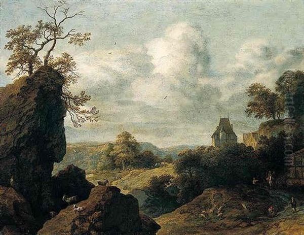 A Mountainous Landscape With Travellers And Huntsman Before A Hill-top Town Oil Painting by Allaert van Everdingen