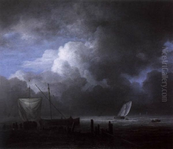 Sailing Barges At Low Tide On A Beach With Elegant Figures, A Sailing Boat In Rough Waters In The Distance Oil Painting by Allaert van Everdingen