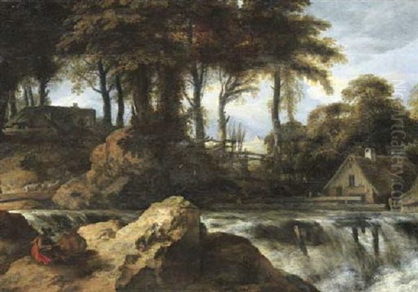 A Wooded Landscape With Artists Sketching By A Waterfall Oil Painting by Allaert van Everdingen