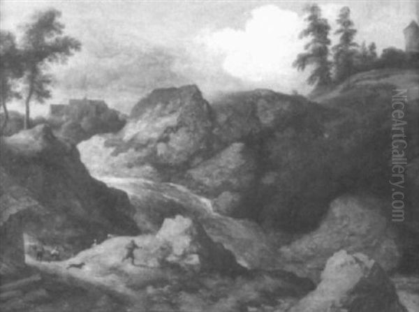 Nordische Landschaft Mit Tannen Und Eichen Bewachsenen Felsen Und Wasserfall Oil Painting by Allaert van Everdingen