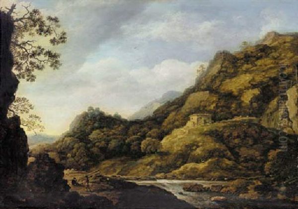 A Scandinavian Landscape With Peasants Gathering Wood By A River Oil Painting by Allaert van Everdingen