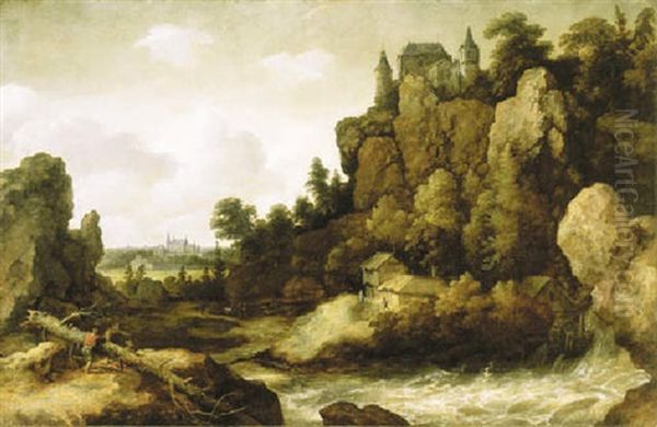 An Extensive Nordic River Landscape With Figures By A Fallen Tree, A Castle On A Clifftop And A Distant City Beyond Oil Painting by Allaert van Everdingen