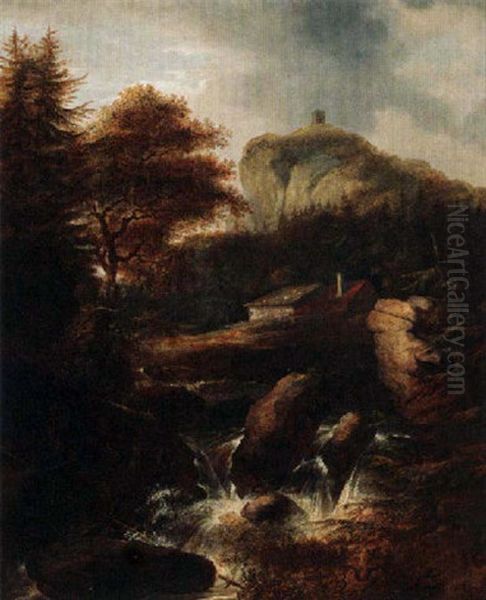 A Scandinavian Landscape With A Waterfall by Allaert van Everdingen