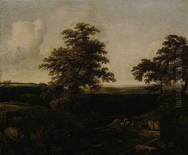 An Extensive Wooded Landscape With A Covered Wagon Approaching A Cottage, A Distant View Of A Country House Beyond Oil Painting by Allaert van Everdingen