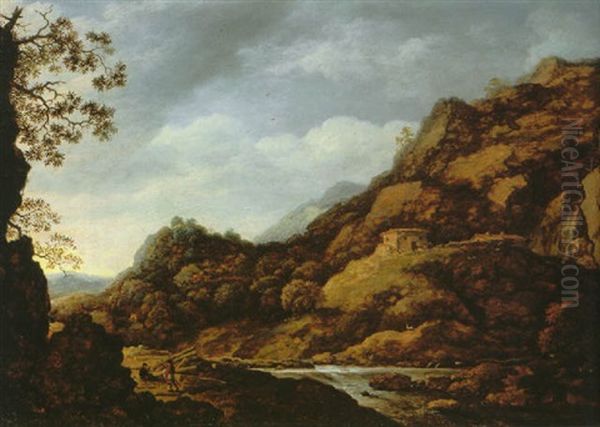 A Rocky Riverlandscape With Peasants Gathering Wood, Hilltop Houses And Mountains Beyond Oil Painting by Allaert van Everdingen