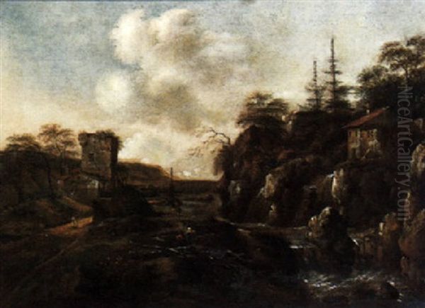 A Rocky River Landscape With Figures In The Foreground, A Ruined Tower Beyond Oil Painting by Allaert van Everdingen