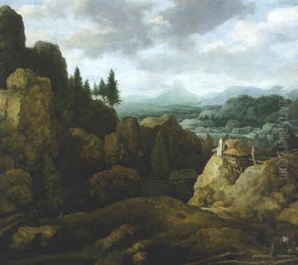 A Scandinavian Landscape With Woodcutters Resting Below A Cabin Oil Painting by Allaert van Everdingen