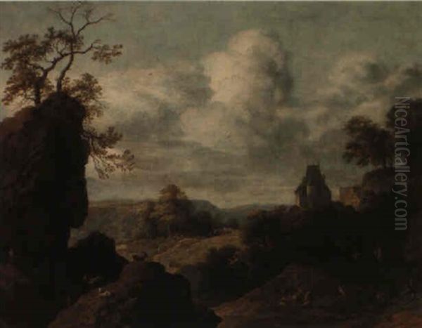 A Rocky Landscape With Goats And Travellers Near A Castle Oil Painting by Allaert van Everdingen