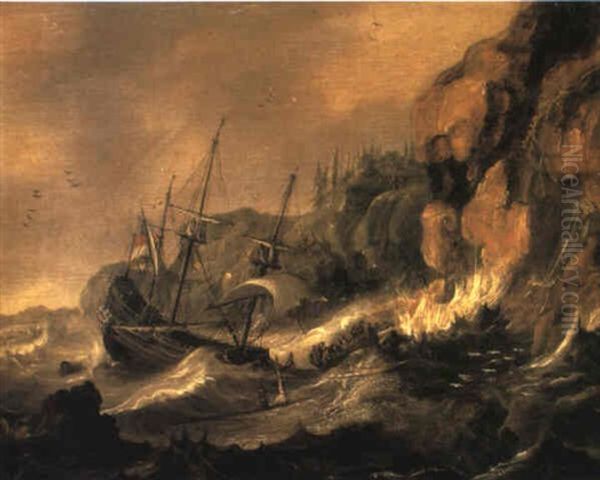 Shipwrecked Galleon Off Rocky Coast Oil Painting by Allaert van Everdingen