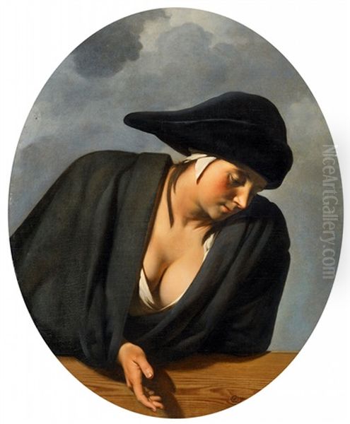 Young Woman In A Black Hat On A Balustrade Oil Painting by Cesar Boetius van Everdingen