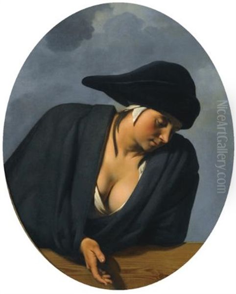 A Peasant Woman Wearing A Black Hat, Leaning On A Wooden Ledge Oil Painting by Cesar Boetius van Everdingen