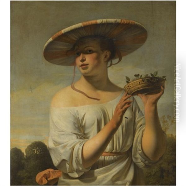 Girl Holding A Basket Of Plums Oil Painting by Cesar Boetius van Everdingen