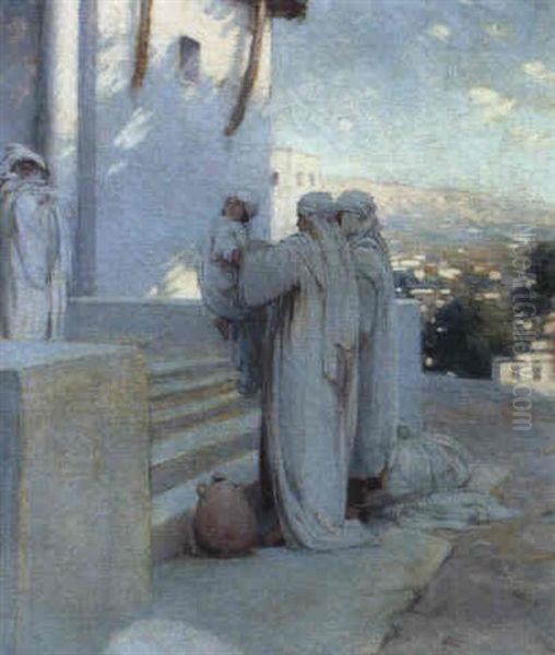 Samuel Offered On The Steps Of The Church Oil Painting by Walter H. Everett