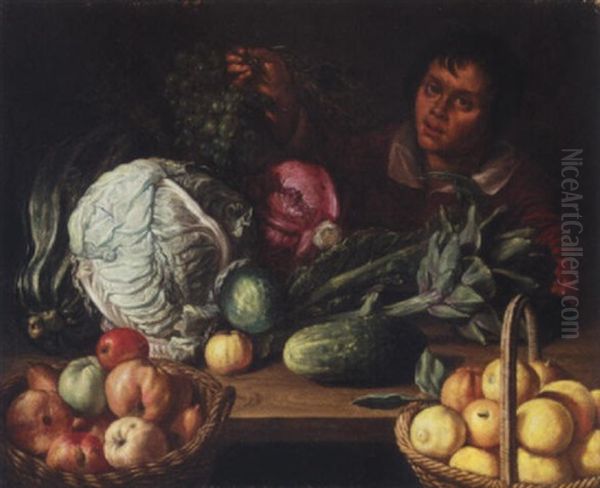 A Still Life With Marrows, Cabbages, An Artichoke, Baskets Of Apples And Lemons, Toegther With A Boy Holding A Bunch Of Grapes Oil Painting by Cornelis Willemsz Eversdyck