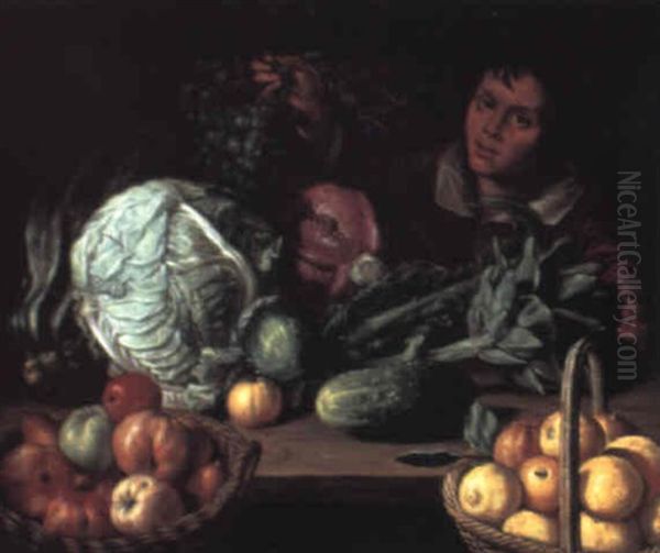 Still Life Of Vegetables And Fruit With A Youth Holding A Bunch Of Grapes Oil Painting by Cornelis Willemsz Eversdyck