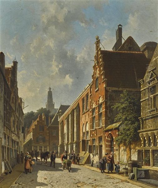 A Busy Street In Summer Oil Painting by Adrianus Eversen