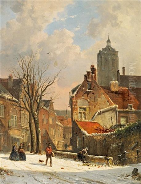 Hollandische Strasenszene Im Winter Oil Painting by Adrianus Eversen