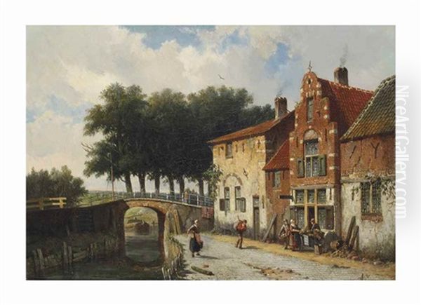 A Vegetable Seller Along A Dutch Canal Oil Painting by Adrianus Eversen