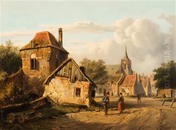 View Of A City In Summer Oil Painting by Adrianus Eversen