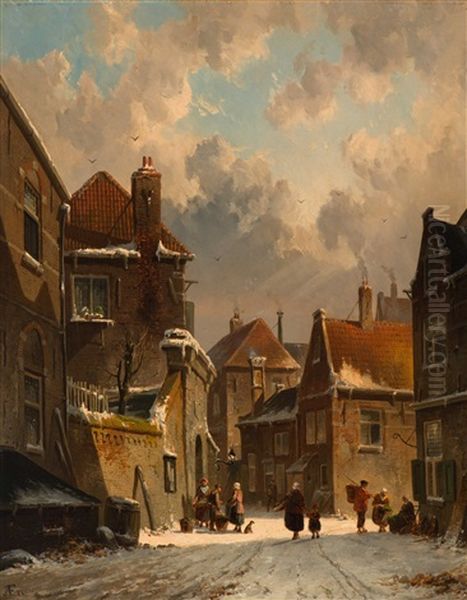 Figures In The Snow-covered Village Street On A Sunny Day Oil Painting by Adrianus Eversen