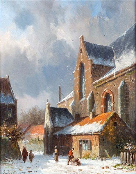 A Snow-covered Dutch Church Square Oil Painting by Adrianus Eversen