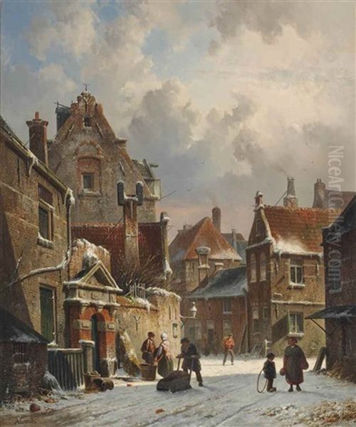 Townsfolk On A Snow Covered Street Oil Painting by Adrianus Eversen