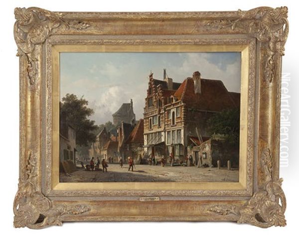 A Dutch Streetscape With Figures Oil Painting by Adrianus Eversen