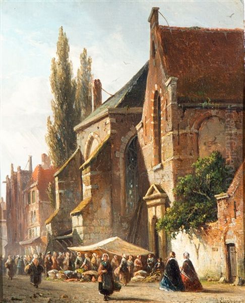 Markttafereel Op Een Hollands Kerkplein Oil Painting by Adrianus Eversen