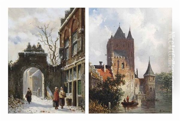 Two Men Fishing Near A Building On A Summer Day; And Early Morning Chat On A Snow-covered Street Oil Painting by Adrianus Eversen