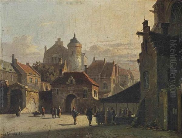 A Sunlit Town With Figures Near A Market Stall Oil Painting by Adrianus Eversen