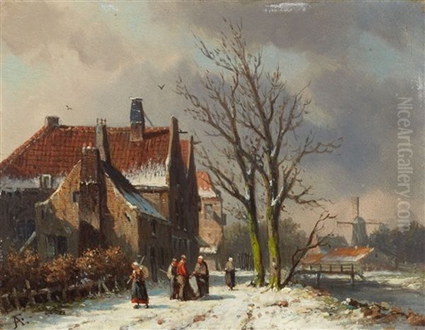 Dutch City By A Canal In Winter Oil Painting by Adrianus Eversen