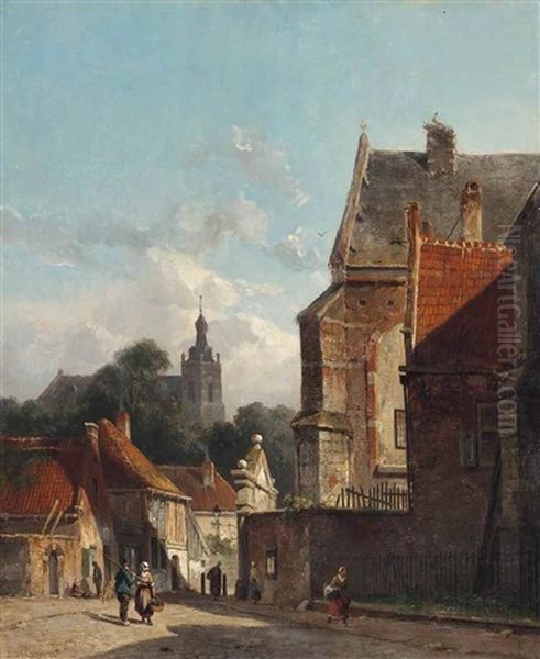 Figures Conversing In A Dutch Street Oil Painting by Adrianus Eversen