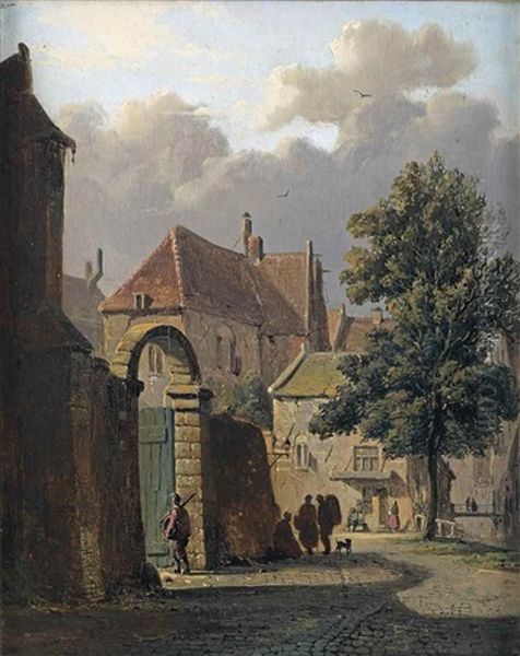 A Sunlit Gateway In A Dutch Town Oil Painting by Adrianus Eversen