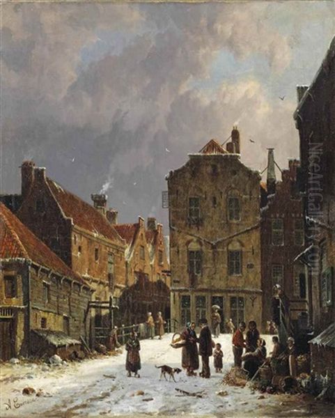 Vegetable Sellers In A Snow-covered Dutch Town Oil Painting by Adrianus Eversen