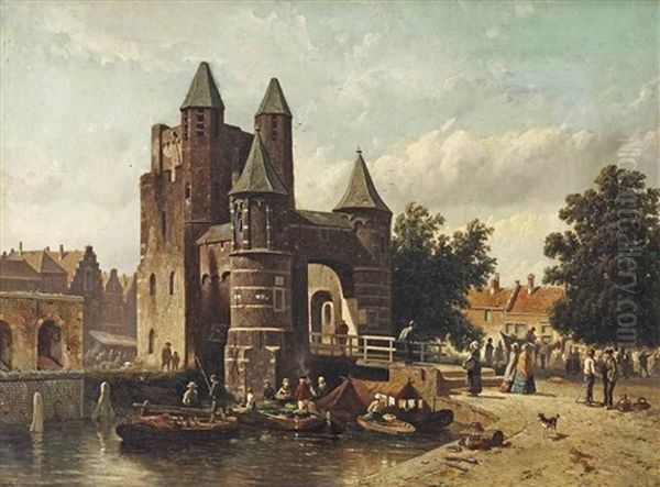 A Capriccio View Of The Amsterdamse Poort, Haarlem Oil Painting by Adrianus Eversen