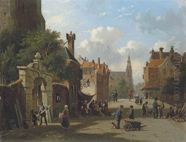 A Busy Street In Holland Oil Painting by Adrianus Eversen