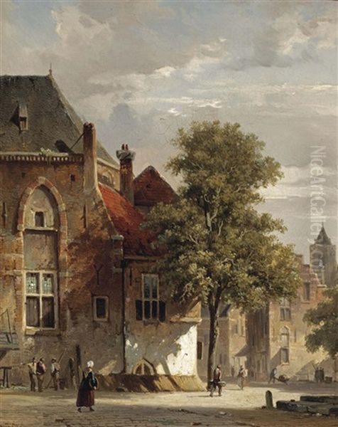 View Of Belgium: Villagers In A Sunlit Town Oil Painting by Adrianus Eversen