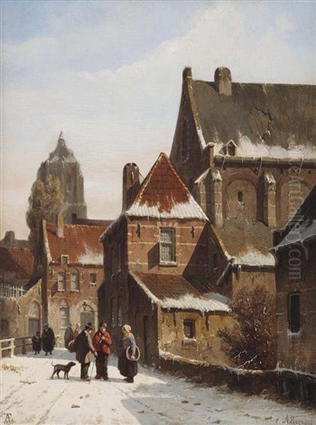 Figures Conversing On A Snowy Village Road Oil Painting by Adrianus Eversen