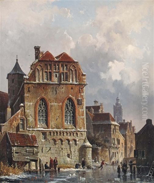 Gezicht Op Het Oude Gasthuis Te Zwolle: Skaters On A Frozen Waterway With A Capriccio View Of The Binnen-gasthuis, Zwolle Oil Painting by Adrianus Eversen