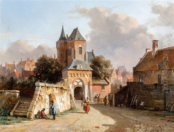 Stadsgezicht Met Figuren Bij Een Poort Oil Painting by Adrianus Eversen