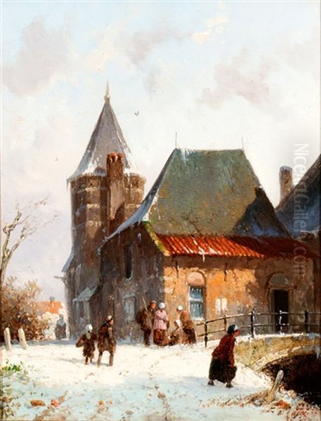 Figuren Bij Winters Stadsbruggetje Oil Painting by Adrianus Eversen